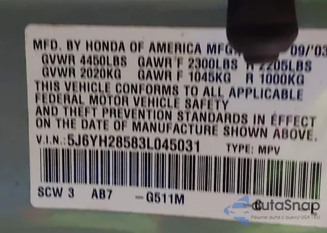 2003 Honda Element Ex из США, поврежденный, VIN 5J6YH28583L045031
